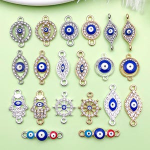 10/20/30pcs Metal Evil Eye Charms，Rhinestone Evil Eye Connector，Gold - Silver Evil Eye Pendant for Jewelry Making Supply