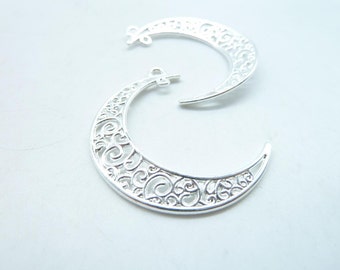 10pcs 32x38mm Silver Plated Filigree Moon Shape Earring Necklace Findings Charm Pendant c7845