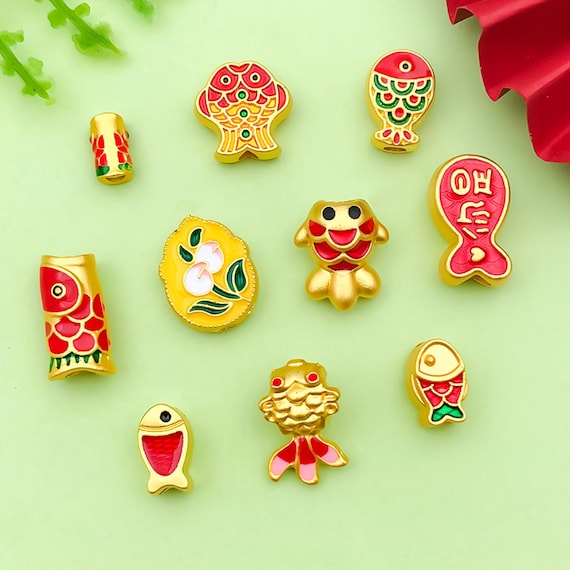 10pcs Chinese Style Ancient Method Gold Oil Droplet Koi Spacer Bead Charm Double-sided Bead Matte Gold Bead For DIY Crafts Jewelry Making