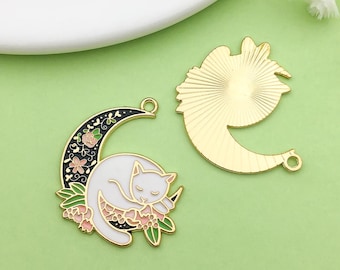 5pcs Enamel Moon Cat Charm Cartoon Cute Cat Pendant for Jewelry Making Craft Supplies Accessories 22x28mm