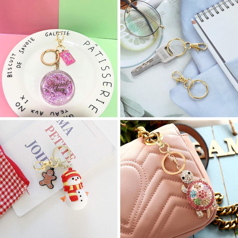 May include: A set of four keychains with different charms. The charms include a pink glitter keychain with the text "Special Day", a snowman and gingerbread man keychain, a gold turtle keychain with colorful rhinestones, and a gold keychain with a round ring.