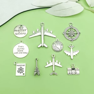 Mix10 Stück Antik Silber Reise Kompass Karte Charms Flugzeug Anhänger für DIY Armbänder Ohrringe Halsketten Schmuck machen Zubehör