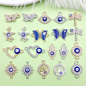 10/20/30pcs Metal Evil Eye Charms，Rhinestone Evil Eye Connector，Gold - Silver Evil Eye Pendant for Jewelry Making Supply