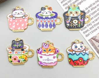 6pcs Kitten in Floral Teacup Enamel Charms Alloy Charm For DIY Bracelets Necklace Earring Jewelry Making