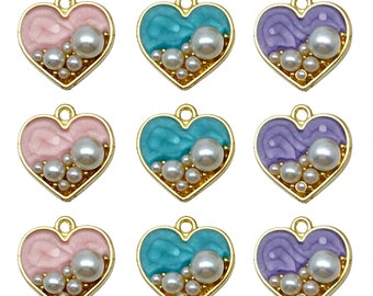 5pcs Enamel Heart Charm Love Pearl Gold Plated Pendant For Earring Keychain Diy Jewelry Making Accessories Findings 18x18mm