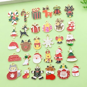 30pcs Mix Bulk Christmas Cartoon Charms Christmas Tree Decoration Snowman Reindeer Enamel Pendant for DIY Jewelry Making Crafts Supplies