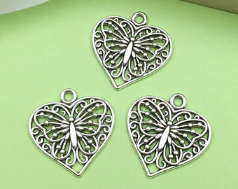 10/20/30pcs antique silver Heart charm butterfly heart Pendant For Jewelry DIY Handmade earring Necklace Bracelet Craft Metal Accessories