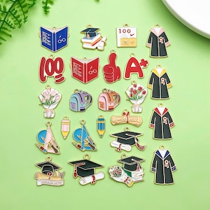 12/24pcs Mixed Bulk Graduation Enamel Gold Plated Charms School bag/pencil ruler/book pendant Diy Jewelry Making Craft Supplies