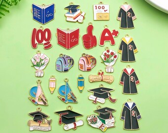 12/24pcs Mixed Bulk Graduation Enamel Gold Plated Charms School bag/pencil ruler/book pendant Diy Jewelry Making Craft Supplies