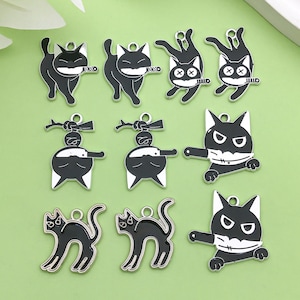 10pcs Fashion Enamel black cat Charm DIY knife Pendant for Bracelet Earrings Jewelry Making Accessories Craft Supplies White Plated