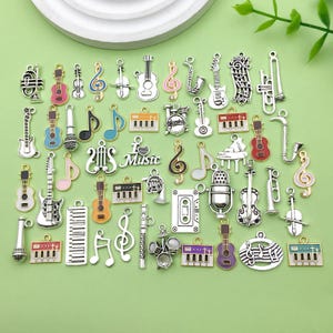 50pcs Bulk Enamel Music Charms Tibetan Guitar Notes Piano Musical Instruments Pendants for Jewelry Making DIY Keychain Craft Accessories