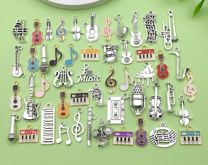 50pcs Bulk Enamel Music Charms Tibetan Guitar Notes Piano Musical Instruments Pendants for Jewelry Making DIY Keychain Craft Accessories