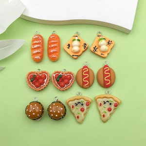 10/12pcs Resin Bread Pizza Food Charm Burger Pendant, simulated food Charms, keychain charms,for Bracelet Necklace Earrings Jewelry Making