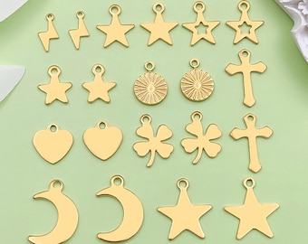 20pcs Stainless Steel Gold-Plated Heart Star Moon Cross Charm Mini Pendant for DIY Jewelry Making Findings Necklace Craft Supplies