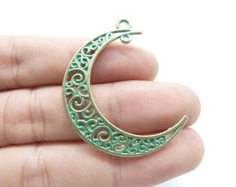 10 piezas de dijes rústicos de cuarto de luna de 32 x 38 mm, bronce con pátina verde, dijes rústicos de cuarto de luna, colgante c8199