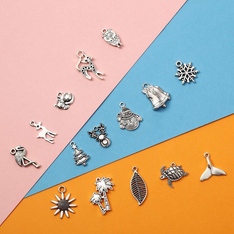 Pu&ograve; includere: Assortimento di ciondoli in argento con vari design, tra cui un cervo, un pupazzo di neve, una campana, un fiocco di neve, un albero di Natale, una tartaruga, una palma, un girasole, un gufo e una coda di pesce.