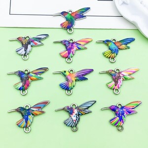 Può includere: Nove ciondoli a forma di colibrì colorati con anelli in metallo argentato per la creazione di gioielli o l'artigianato. Ogni ciondolo presenta un motivo unico di colori vivaci, tra cui blu, verde, viola e giallo, che ricorda un effetto tie-dye.