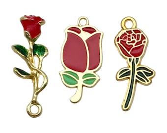 10pcs Enamel 3D rose flower charm Gold Plated Pendant For Earring necklace Diy Jewelry Making Accessories Findings