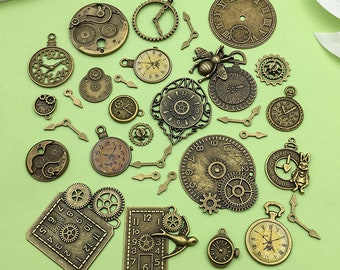 May include: Assortment of antique gold-toned metal clock face charms with Roman numeral and Arabic numeral markings. The charms feature gears, hands, and other clock-related designs.