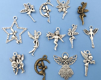 20/40/60PCS Angels Shape Charms Hanger voor Sieraden Maken Fairy Angel Op Crescent Moon Bedels Hangers Tibetaans Zilveren Fairy Charms