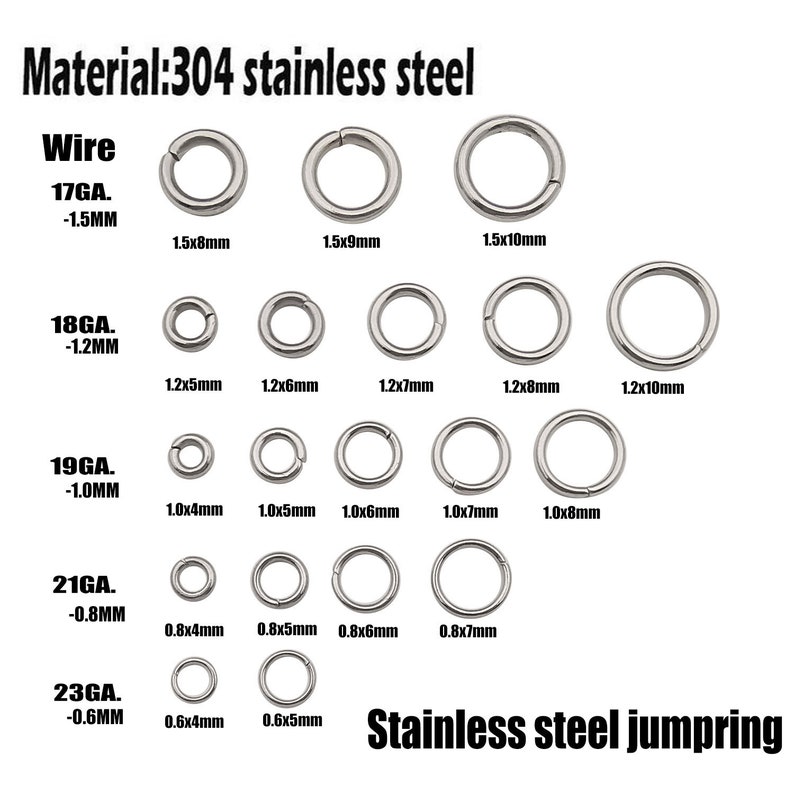 May include: Assortment of silver jump rings made of 304 stainless steel. The jump rings are arranged in rows by size, with the largest rings at the top and the smallest rings at the bottom. The rings are labeled with their gauge and diameter in millimeters.  The text "Material: 304 stainless steel" and "Wire" are at the top of the image. The text "Stainless steel jumpring" is at the bottom of the image.