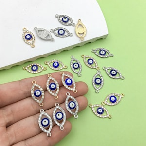 10pcs Metal Rhinestone Evil Eye Charms，Rhinestone Evil Eye，Gold - Silver Evil Eye Pendant for DIY Handmade Jewelry Making Supply