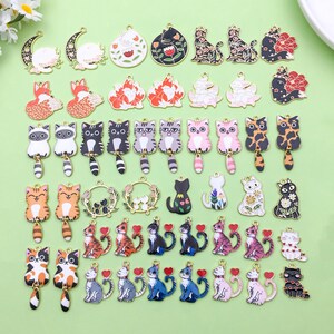 48pcs Mixed Bulk Enamel Cute Cartoon Cat Charm DIY Gold Plated Animal Cat Assorted Pendant for DIY Handmade Jewelry Making Accessories
