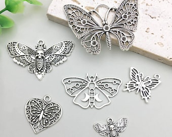 10/12pcs Antique Silver Skull Butterfly Moth Charm Pendant For Jewelry DIY Handmade earring Necklace Bracelet Craft Accessories