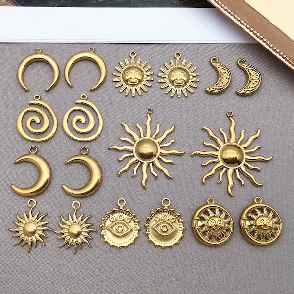5pcs Fashion Stainless Steel Celestial Sun Moon Charm Metal Sun Pendant for DIY Jewelry Earring Bracelet Necklace Craft Keychain Accessories