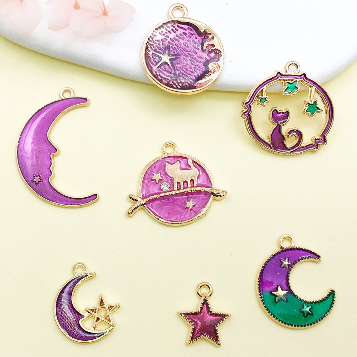 10PCS, Oro Smalto Luna Star Cuore Charm Pendant, Fascino Celeste Colorato, Gioielli smaltati per Componente Collana - Italia