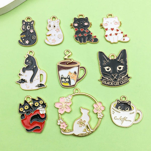 10pcs Fashion Enamel Loving Cat Teacup Cat Charm DIY Pendant for Bracelet Earrings Jewelry Making Accessories Craft Supplies
