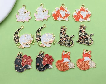 5/12pcs Mix Enamel Fox Charm Flower Fox Cat charm Alloy Charms Gold Plated Pendant For Diy Jewelry Making Accessories Findings