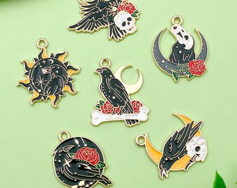 6/10pcs Gothic Charm Black Raven Charms Moon Skull Rose Enamel Animal Bird Crow Charms for DIY Halloween Jewelry Making Charms Supplies