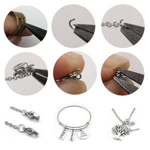 May include: A close-up of a silver jump ring being opened with pliers. The jump ring is used to connect jewelry pieces together.
