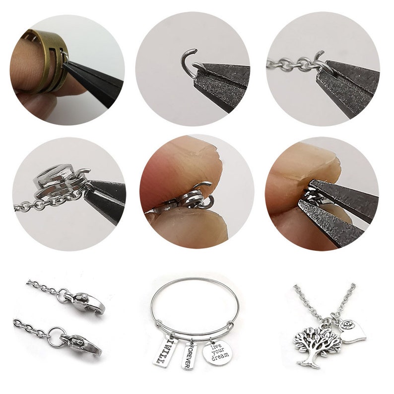 May include: A close-up of a silver jump ring being opened with pliers. The jump ring is used to connect jewelry pieces together.