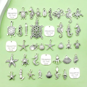 40pcs Bulk Antique Silvery Assorted Starfish Sea Life Charms for DIY Jewelry Making and Craft Making, Sea Animals Styles Crafts Accessories