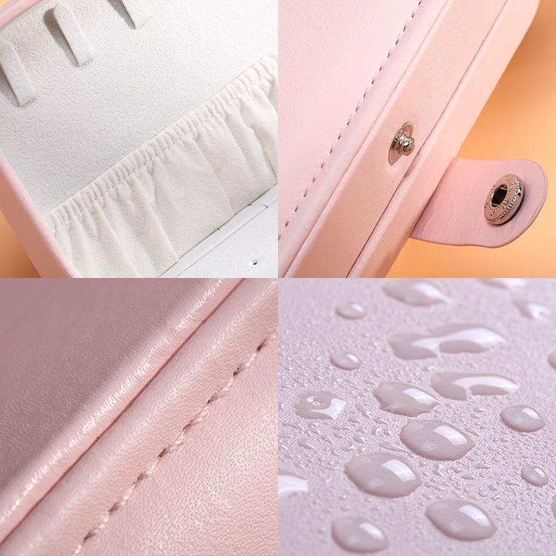 May include: A pink jewellery box with a soft, white velvet interior. The box has a water-resistant finish and a secure latch.
