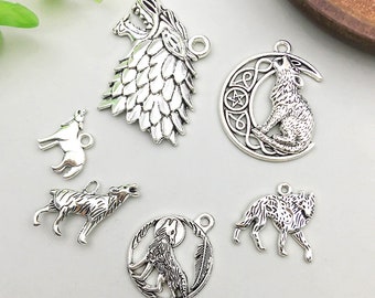 10/12pcs Antique Silver Wolf head moon wolf charm Charm Pendant For Jewelry DIY Handmade earring Necklace Bracelet Craft Accessories