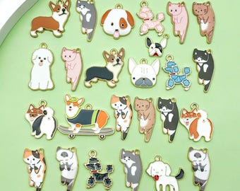 Mix 25pcs bulk Enamel corgi dog Cat Charms gold plated Cute Animals Pendant for DIY Bracelets Earrings Necklaces jewelry Making Accessories