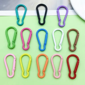 Puede incluir: Una colección de mosquetones de colores en varios tonos, incluyendo turquesa, negro, morado, verde, rosa, azul, blanco, marrón, amarillo, naranja y rojo. Estos clips metálicos están dispuestos sobre una superficie verde claro.