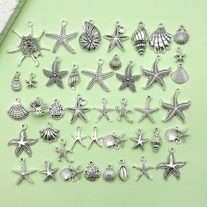 40pcs BulkAntique Silvery Marine Life Charm Starfish Shell Pendant for DIY Beach Bracelet Necklace Earring Jewelry Making Craft Accessories