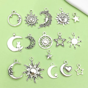 Mix15/20/50pcs bulk Antique Silver star moon sun Charms pendant for DIY Bracelets Earrings Necklaces jewelry making Handmade Accessory