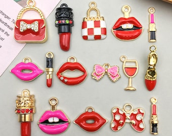 10/15PCS enamel Temperament Woman Lipstick Lips Bag Charm DIY Gold Plated Pendant for Necklace Bracelet Jewelry Making