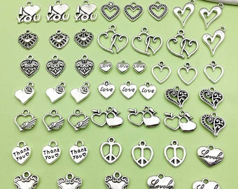 Mix50 pcs en vrac argent antique charmes coeur mixte pendentif pour collier bricolage bracelet boucles d'oreilles fabrication de bijoux accessoires d'artisanat