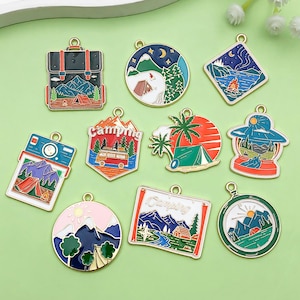 5/10pcs Travel Vacation Theme Enamel Landscape Charm Pendant Outdoor Camping Theme Charms for DIY Keychain Hang Ornament Making