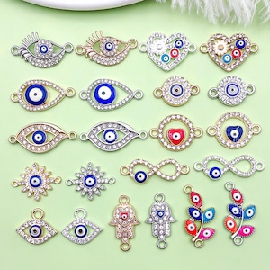 10/20/30pcs Metal Evil Eye Charms，Rhinestone Evil Eye Connector，Gold - Silver Evil Eye Pendant for Jewelry Making Supply