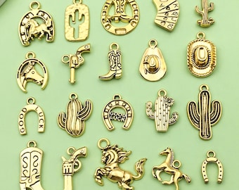 10/20pcs Antique Golden Western Cowboy Cactus, cowboy boots Alloy Charms Pendant For Vintage Jewelry DIY Necklace Bracelet Craft Accessories