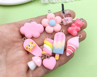 10pcs 3D Resin Cute Charms Pink Color Slippers Popsicle Flower