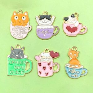 6pcs Enamel Cute Heart Teacup Cat Cartoon Kitty Alloy Pendants for Bracelets Earrings Keychains Pendants Necklaces Crafts Supplies