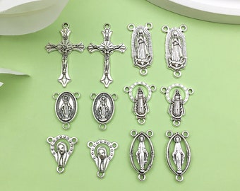 12pcs Antique Silver Alloy Our Lady of the Cross Double Hole Connection Charm Pendant For Vintage Jewelry DIY Necklace Bracelet Accessories